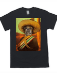 Black Gildan t-shirt featuring a bulldog in a sombrero and bandolier, "El Jefe" personalized pet design.