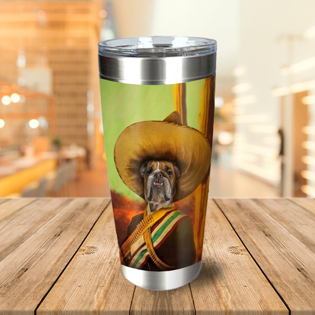 Personalized stainless steel tumbler with a custom dog portrait in a sombrero and Mexican attire.