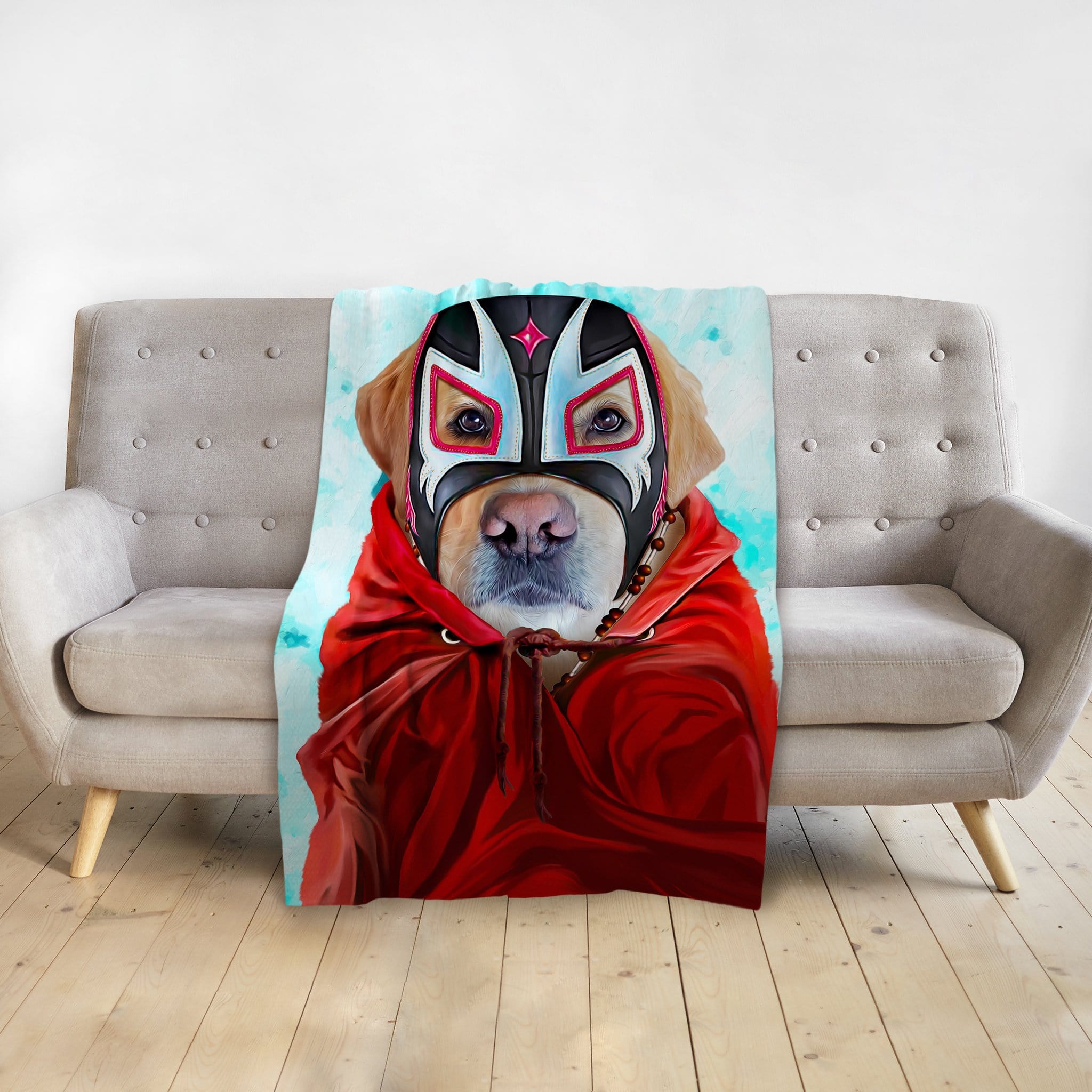 Personalized pet blanket with a dog in a red cape and black, pink, and white luchador mask.