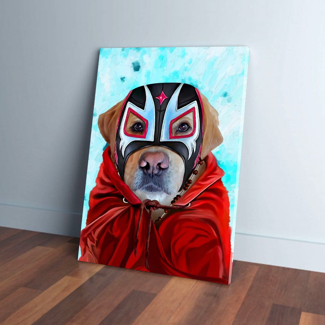 Custom pet canvas featuring a golden retriever in a red cape and black, white, and red Luchador mask.