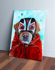 Custom pet canvas featuring a golden retriever in a red cape and black, white, and red Luchador mask.
