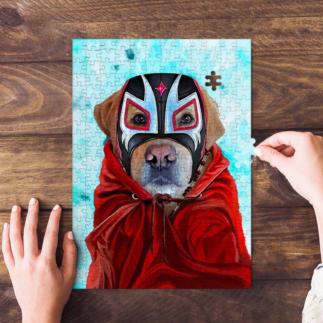 Personalized pet puzzle featuring a dog in a Luchador mask and red cape, with hands assembling it.