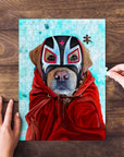 Personalized pet puzzle featuring a dog in a Luchador mask and red cape, with hands assembling it.