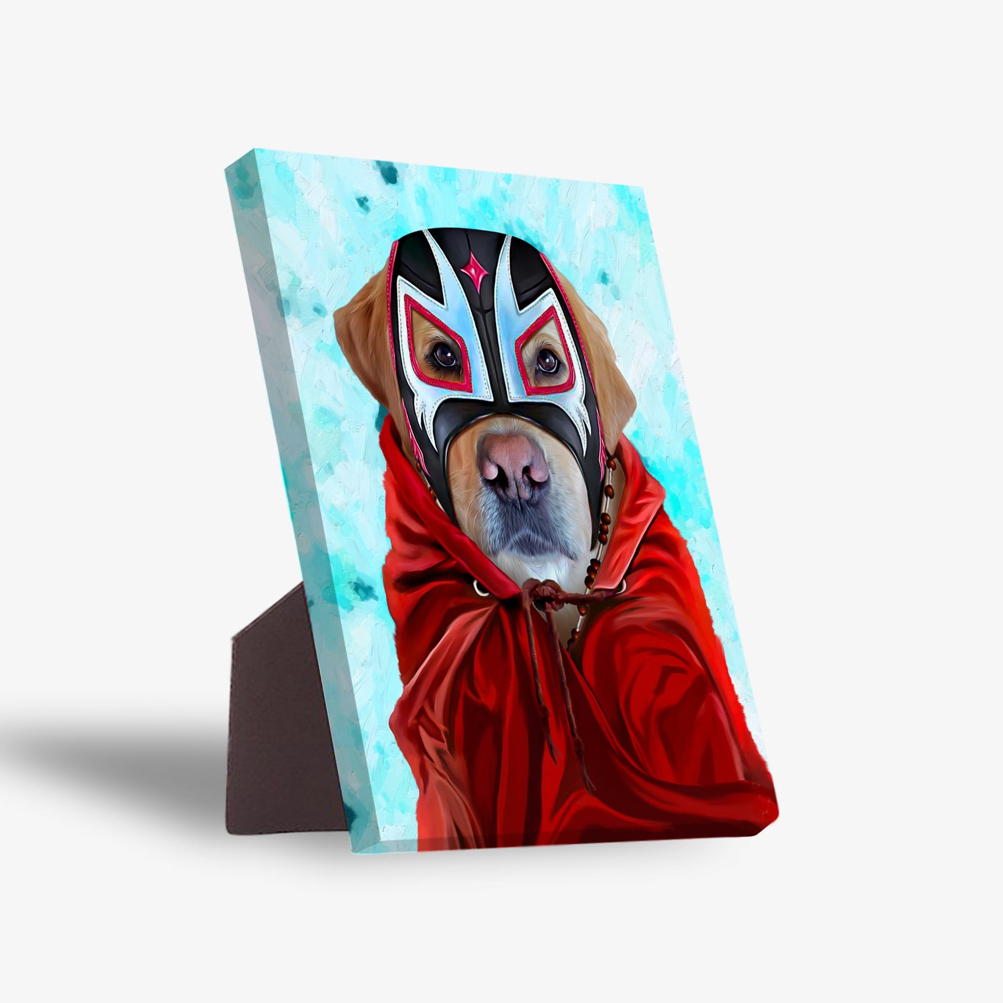 Personalized standing canvas featuring a golden retriever in a red luchador mask and cloak against a blue background.