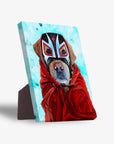Personalized standing canvas featuring a golden retriever in a red luchador mask and cloak against a blue background.