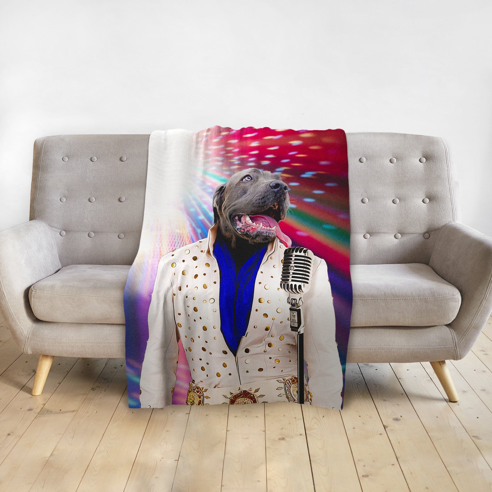 Personalized pet blanket with a Doggovinci portrait of a dog dressed as Elvis Pawsley.
