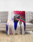 Personalized pet blanket with a Doggovinci portrait of a dog dressed as Elvis Pawsley.