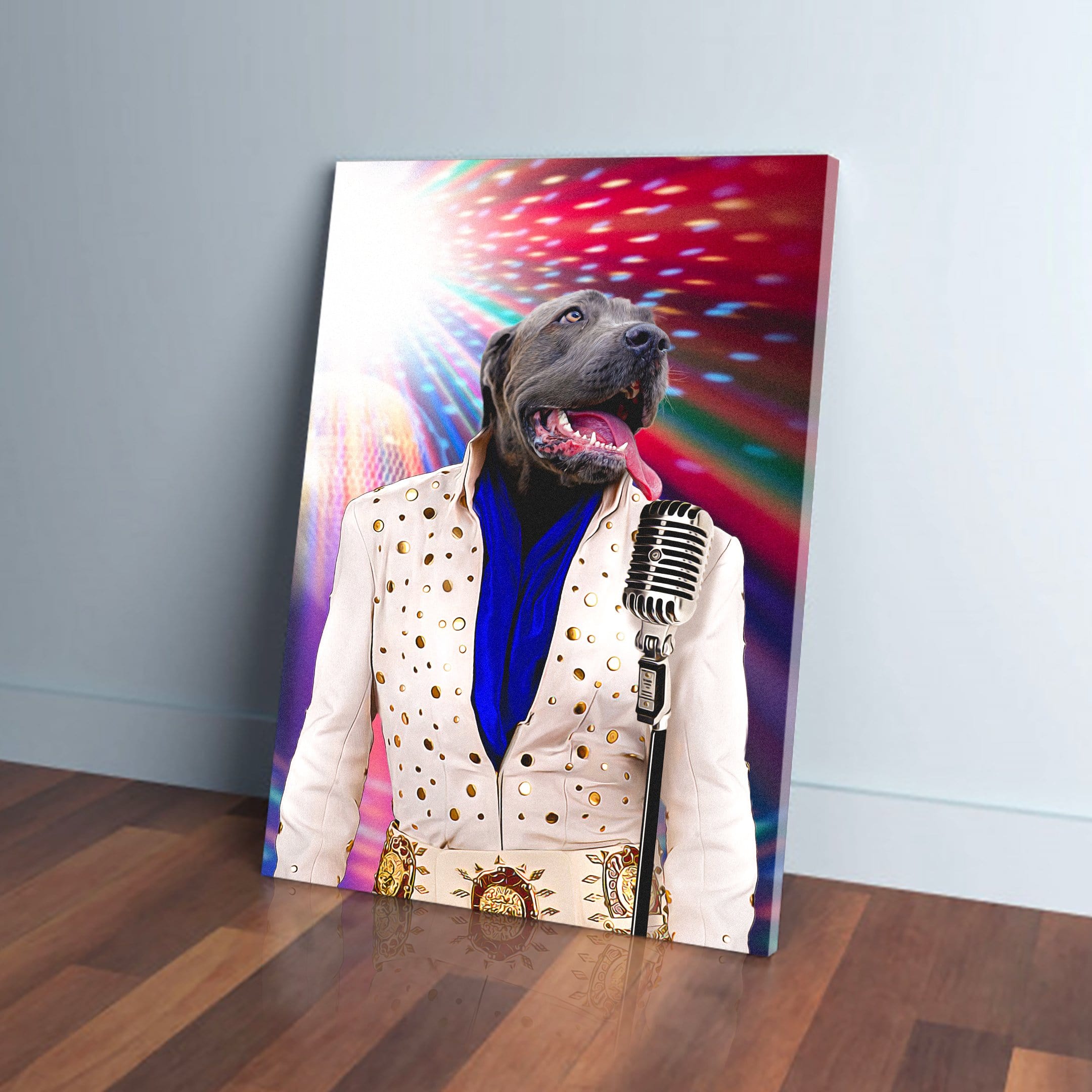 Personalized pet canvas featuring a gray dog as Elvis Pawsley in a white jumpsuit with a microphone.