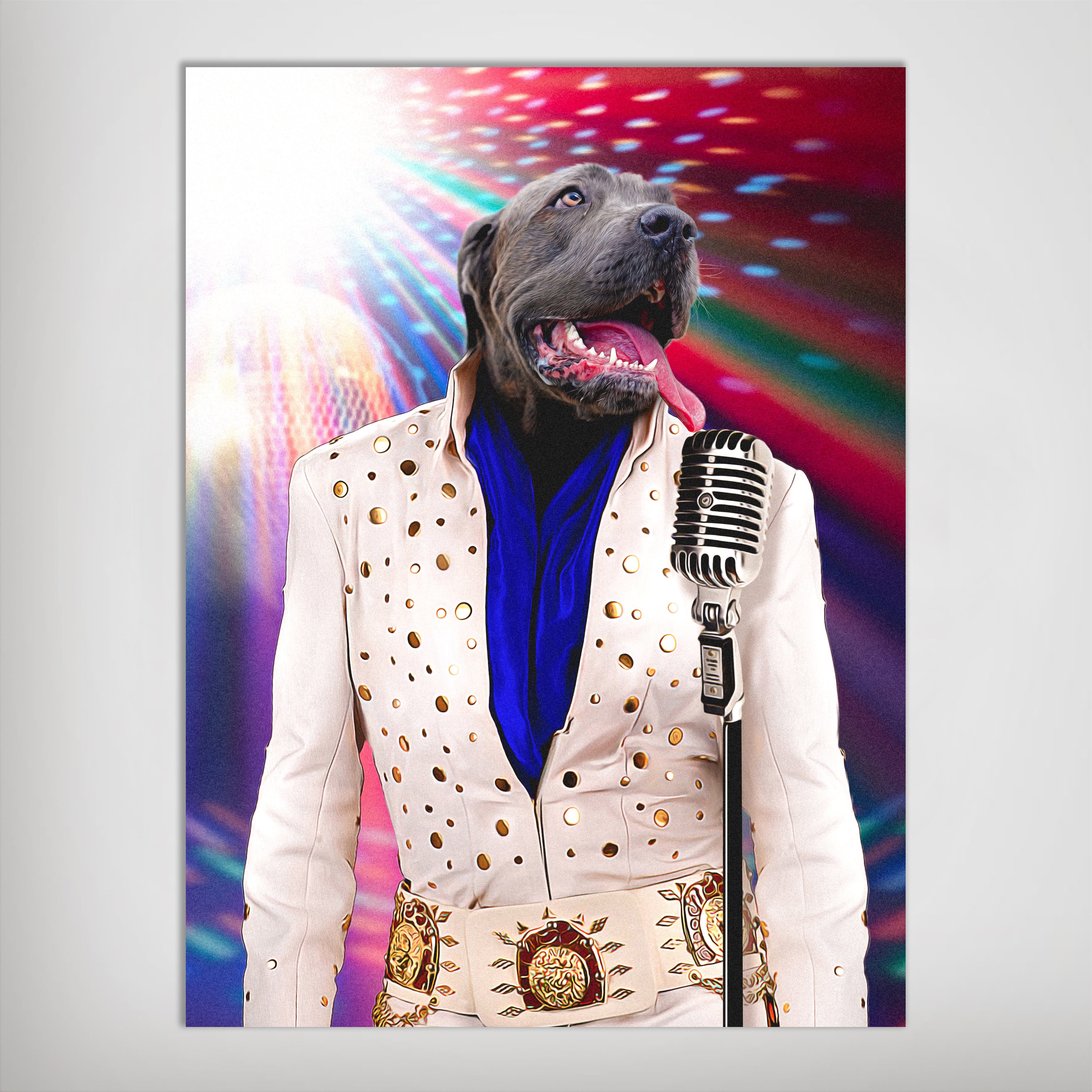 Personalized pet poster featuring a gray dog as Elvis Pawsley in a white jumpsuit, blue scarf, and microphone.