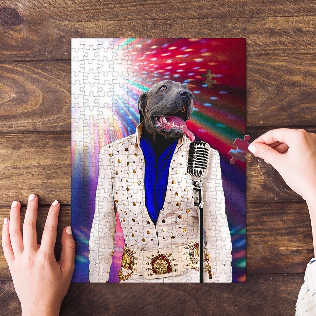 Personalized pet puzzle featuring a gray dog as Elvis Pawsley in a white jumpsuit with a microphone.