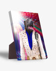 Personalized Elvis Pawsley pet standing canvas featuring a gray dog in a white jumpsuit with gold accents and a microphone.
