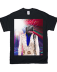 Black Gildan t-shirt featuring a personalized pet portrait of a dog dressed as Elvis Pawsley with a microphone.