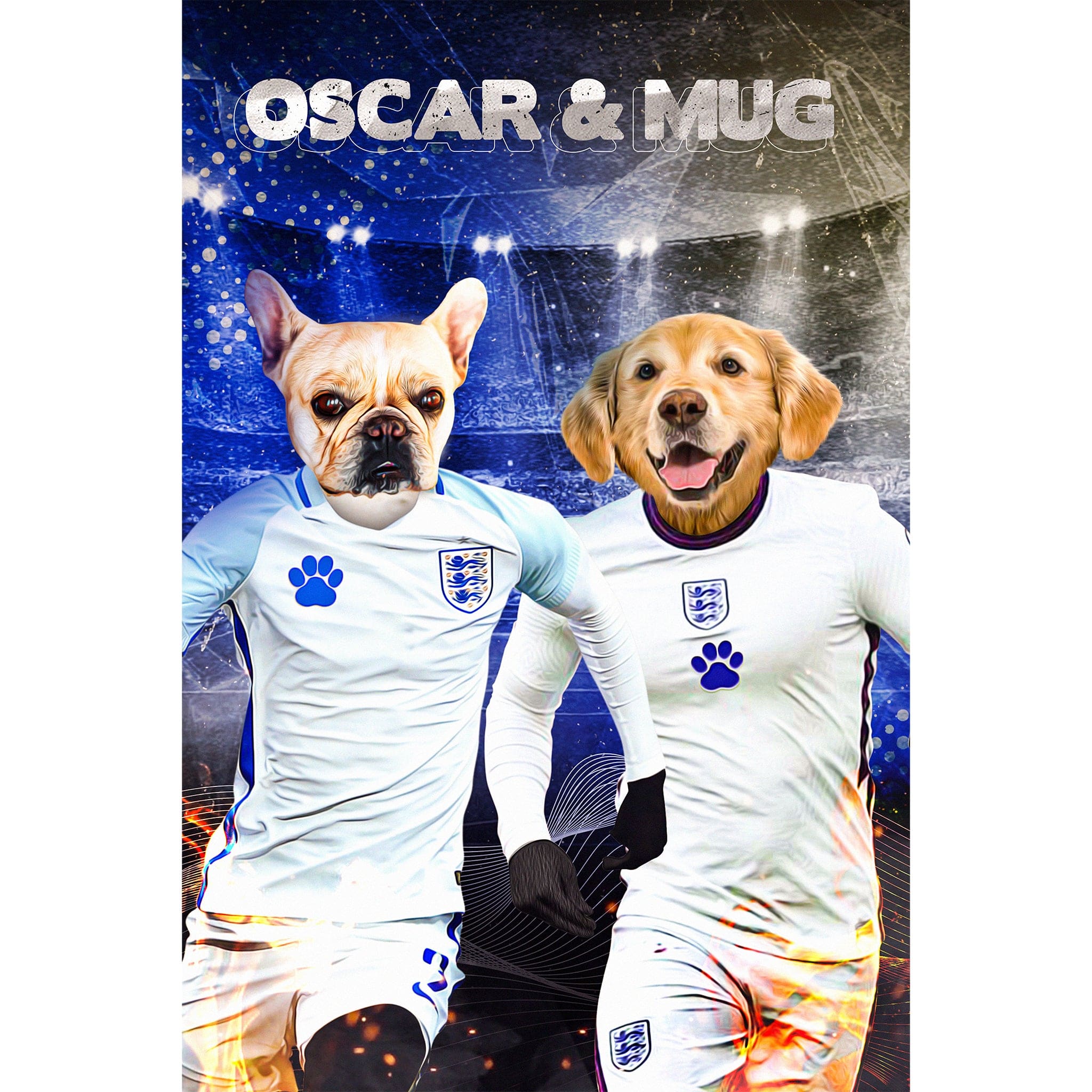 Personalized digital portrait of two dogs, a French Bulldog and Golden Retriever, in England soccer jerseys.