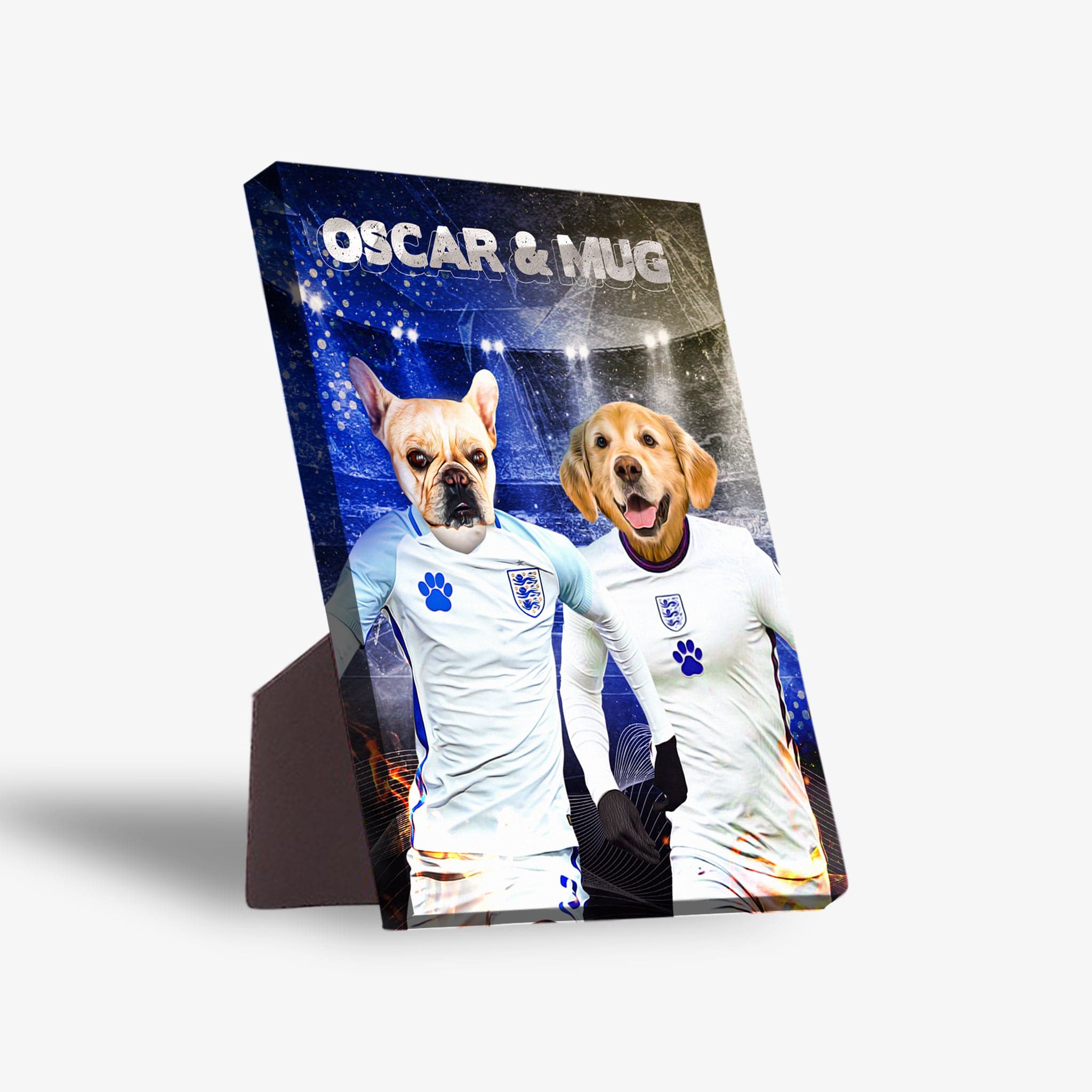 Personalized pet canvas featuring a French Bulldog and Golden Retriever in England soccer jerseys, with "OSCAR & MUG" text.