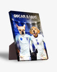 Personalized pet canvas featuring a French Bulldog and Golden Retriever in England soccer jerseys, with "OSCAR & MUG" text.