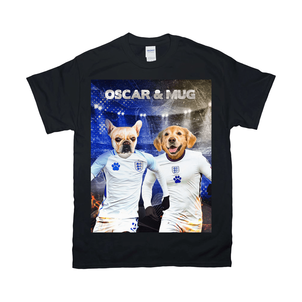 Black Gildan t-shirt featuring a personalized design of a French Bulldog and Golden Retriever in England soccer jerseys.