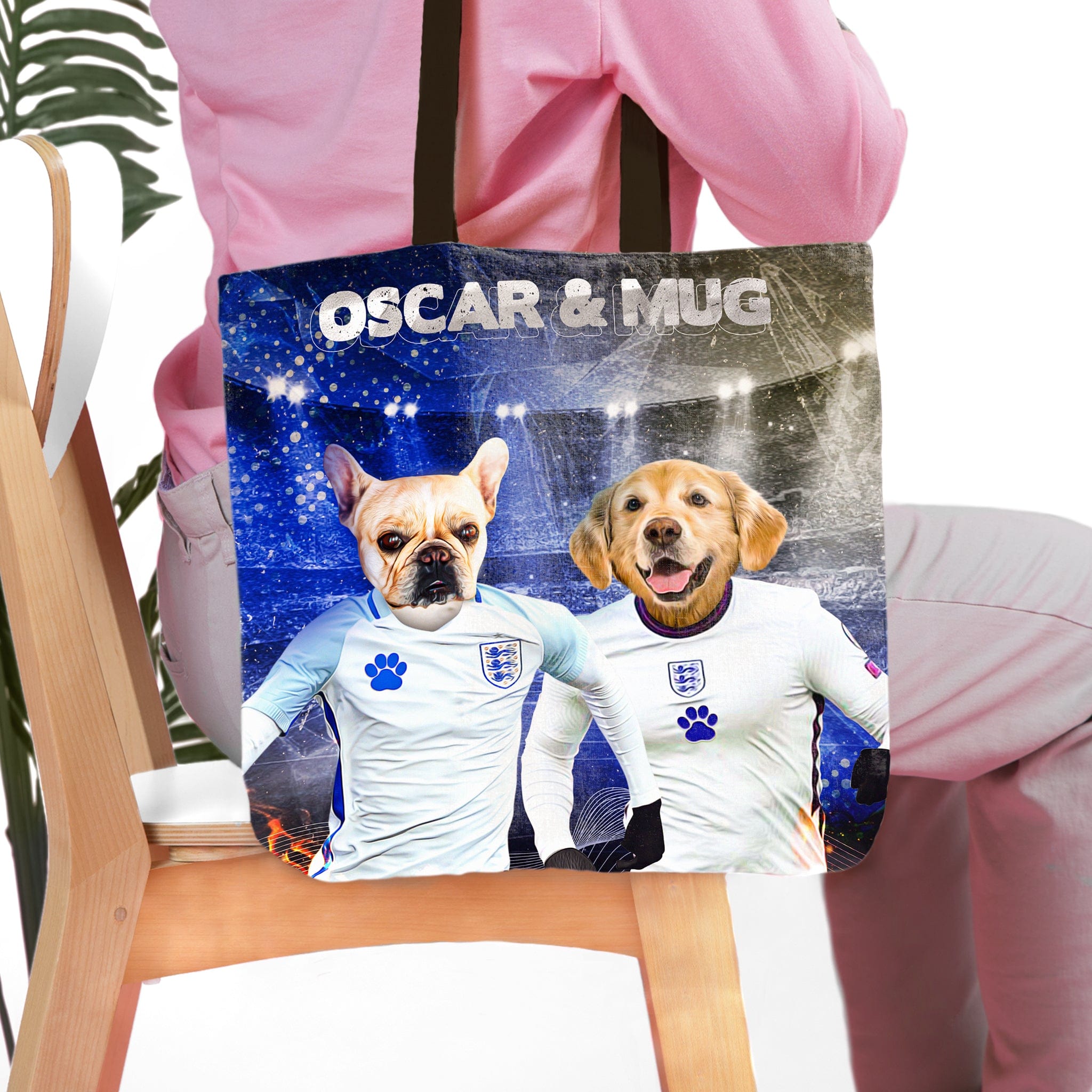 Personalized tote bag featuring two dogs, a French Bulldog and a Golden Retriever, in England soccer jerseys.
