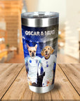 Personalized stainless steel tumbler with two dogs in England soccer jerseys, "Oscar & Mug" text.