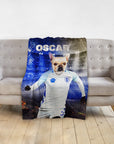 Personalized pet blanket with a French Bulldog in an England soccer uniform, name "OSCAR" above.