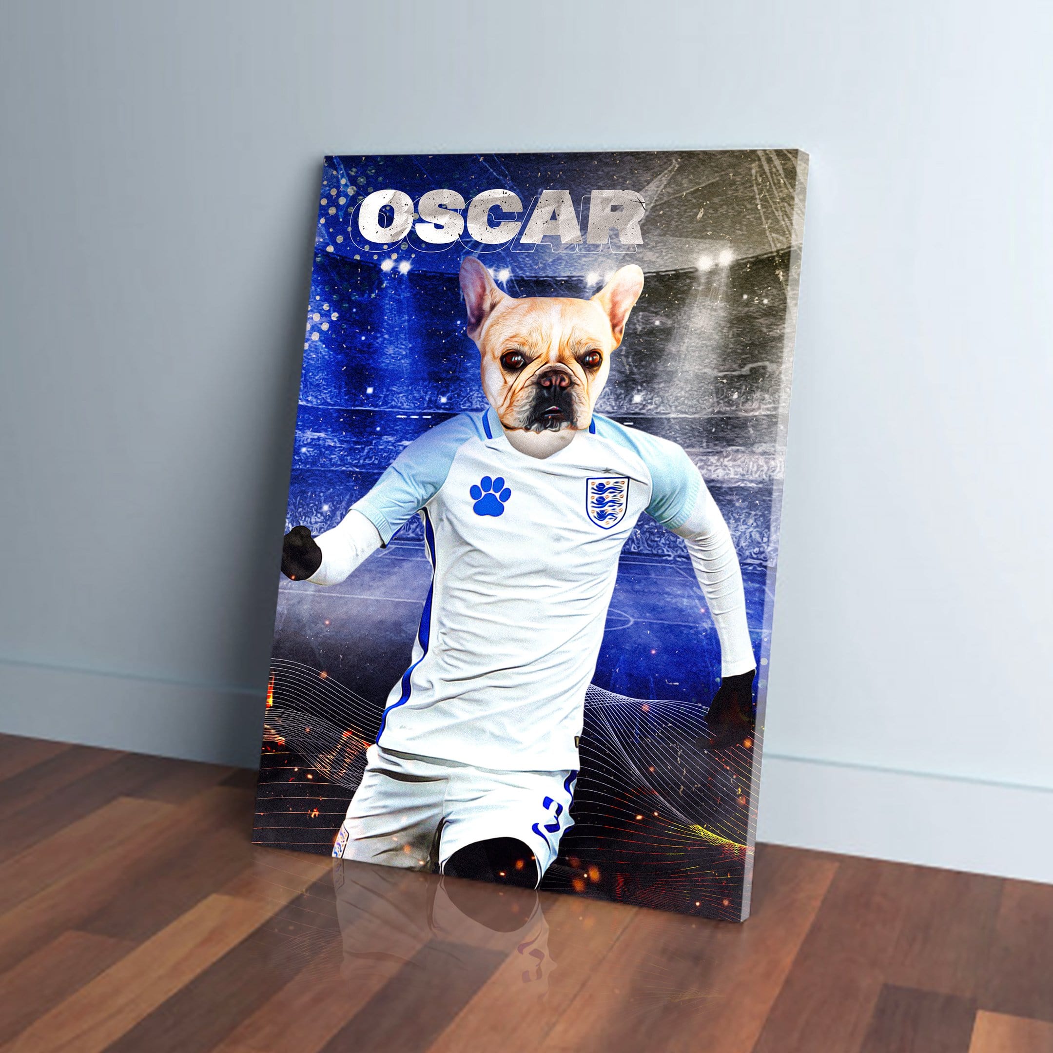 Personalized pet canvas featuring a French Bulldog in an England soccer kit, named 'Oscar'.