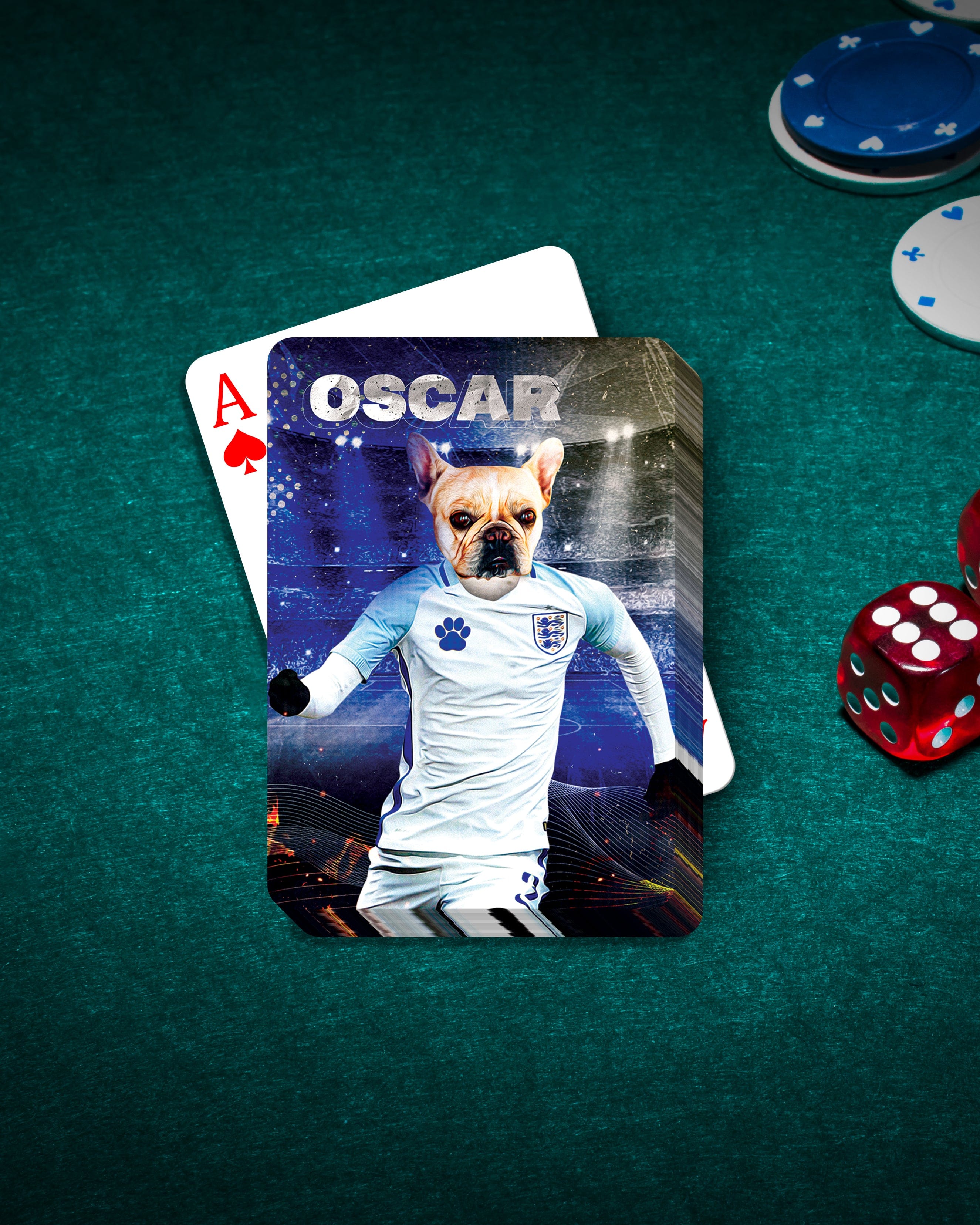 Personalized playing card featuring a French Bulldog in an England soccer uniform, named Oscar.