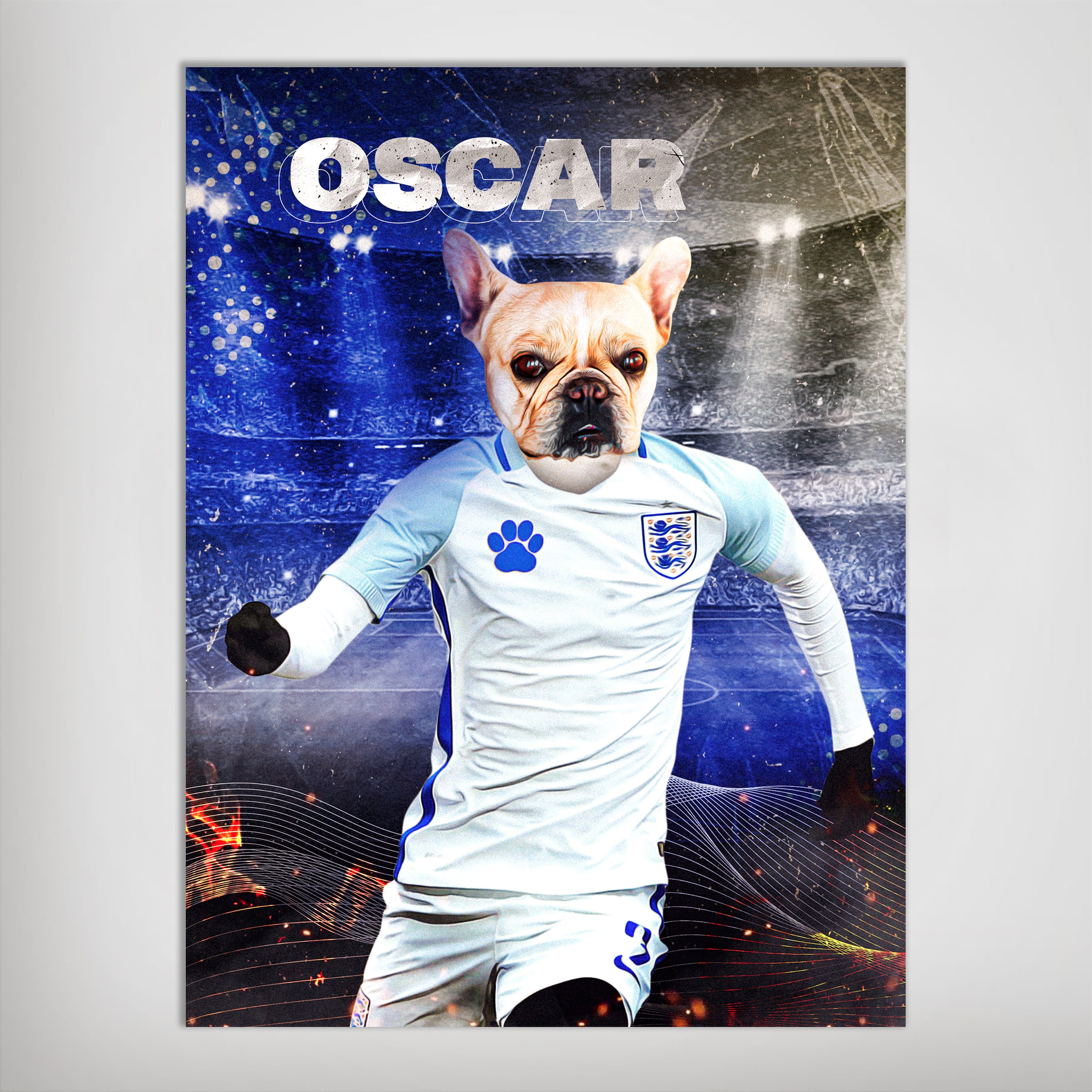 Personalized pet poster featuring a French Bulldog in an England soccer uniform against a stadium backdrop.