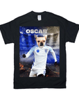 Black Gildan unisex t-shirt featuring a personalized French bulldog in an England soccer uniform, named "Oscar.