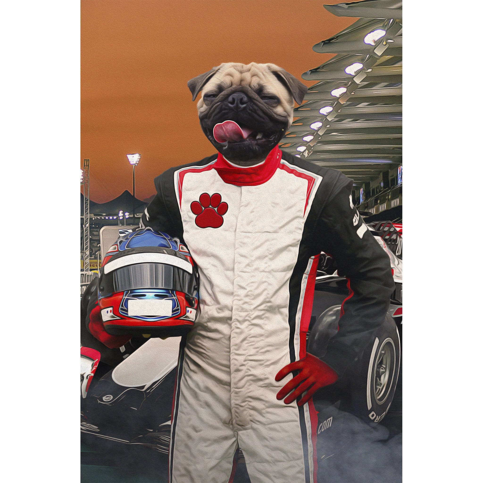 Personalized F1-Paw digital portrait featuring a pug in a racing suit holding a helmet.