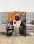 Personalized pet blanket with a pug in a race car driver suit at a track.