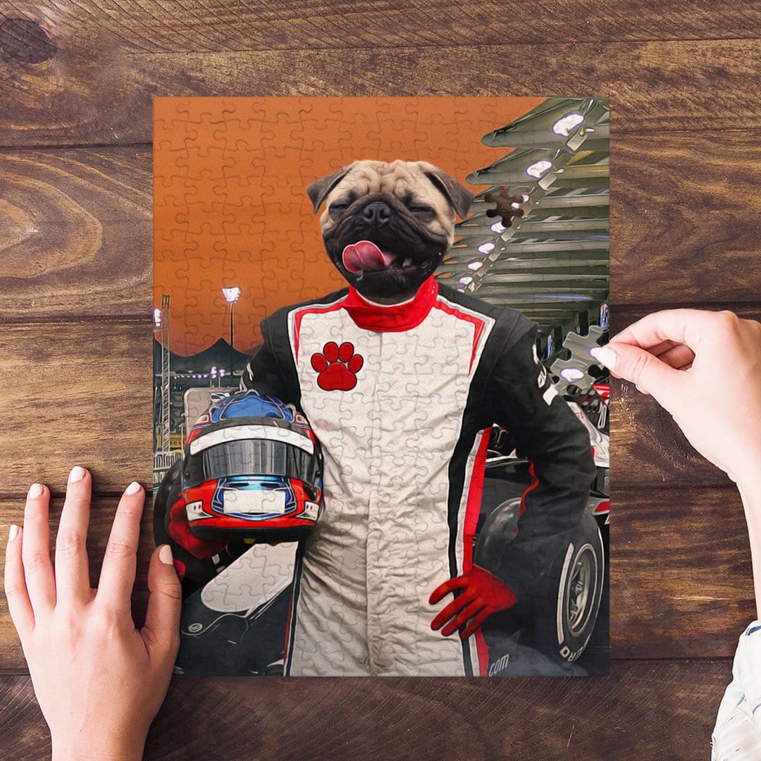 Personalized 'F1-Paw' pet puzzle featuring a pug in a race car driver suit, held by hands.
