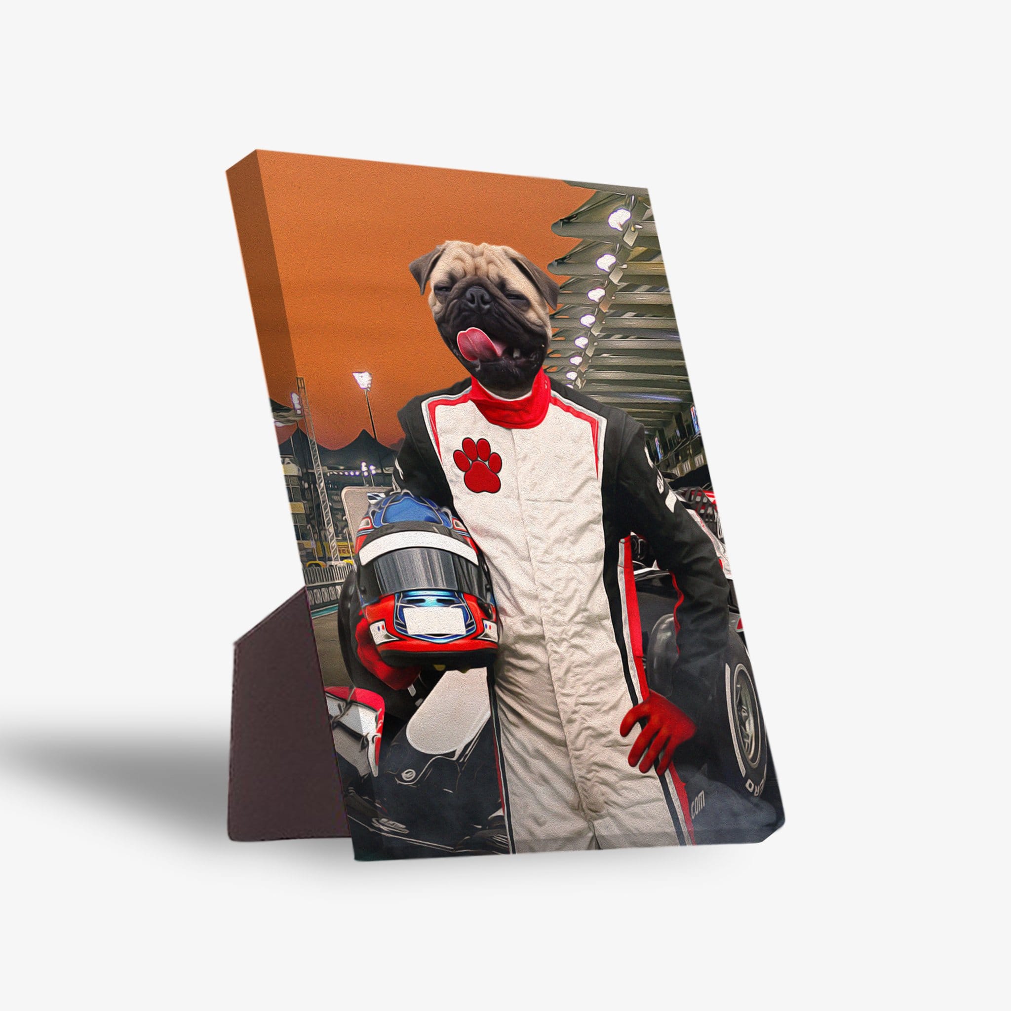 Personalized F1-Paw standing canvas featuring a pug in a white and red racing suit, holding a helmet.