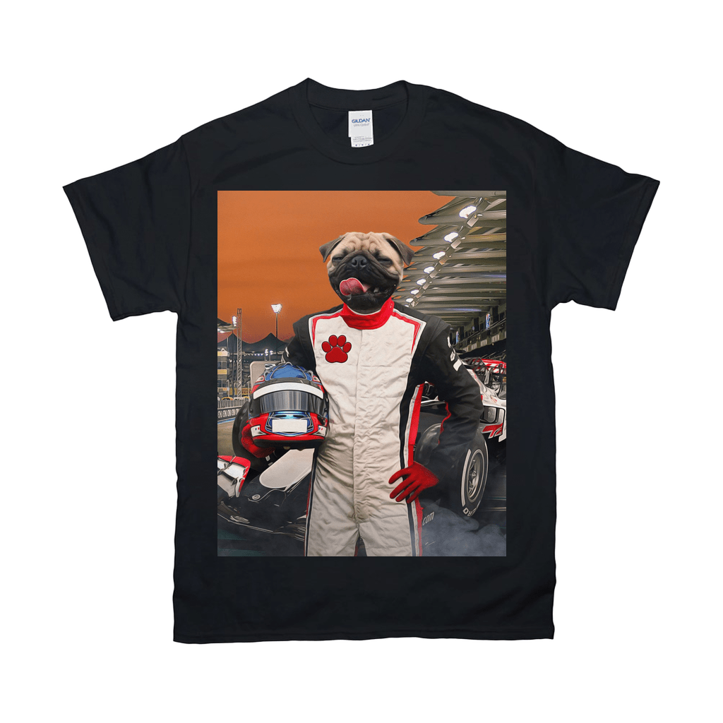 Black Gildan t-shirt featuring a pug in a white F1 racing suit holding a helmet.