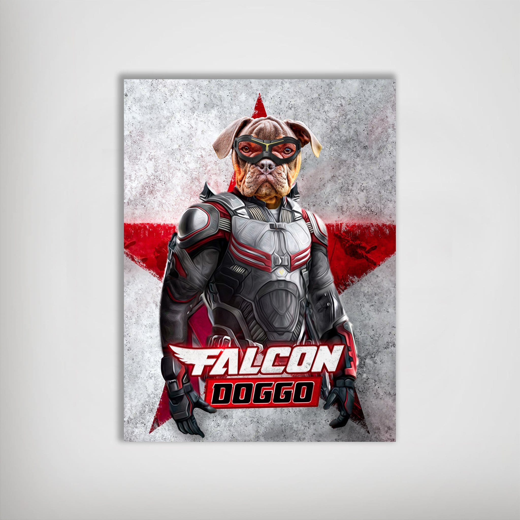 Personalized 'Falcon Doggo' poster featuring a bulldog in a superhero suit against a red star background.