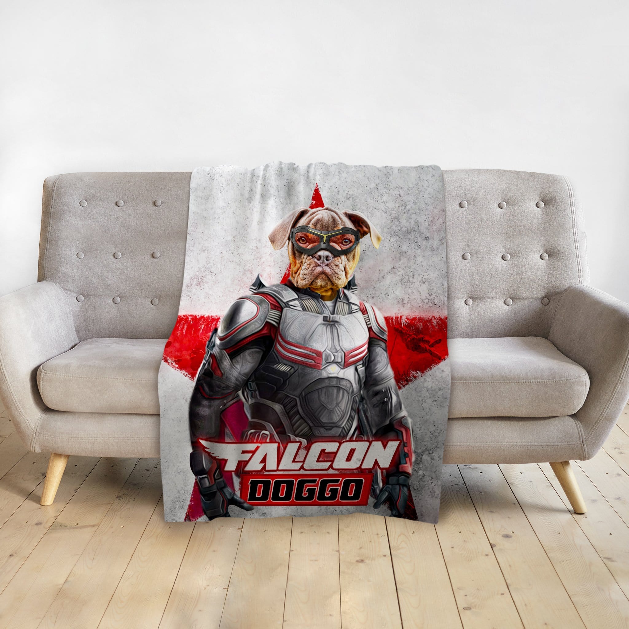 Personalized Falcon Doggo pet blanket featuring a dog in a superhero suit with a red star background.