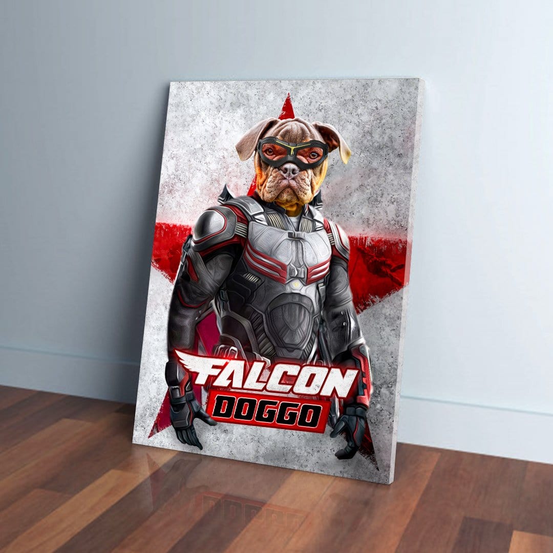 Personalized pet canvas featuring a dog in a superhero suit with "FALCON DOGGO" text, leaning on a wall.