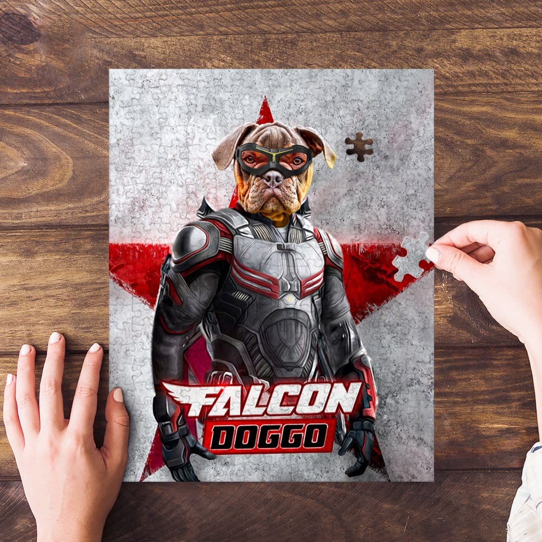Personalized Falcon Doggo puzzle featuring a custom pet portrait of a dog in superhero armor.