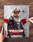 Personalized Falcon Doggo puzzle featuring a custom pet portrait of a dog in superhero armor.