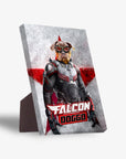 Personalized Falcon Doggo pet standing canvas with a dog in a superhero suit against a red star.