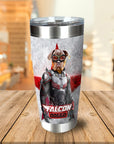 Personalized stainless steel tumbler with a custom "Falcon Doggo" superhero pet portrait.