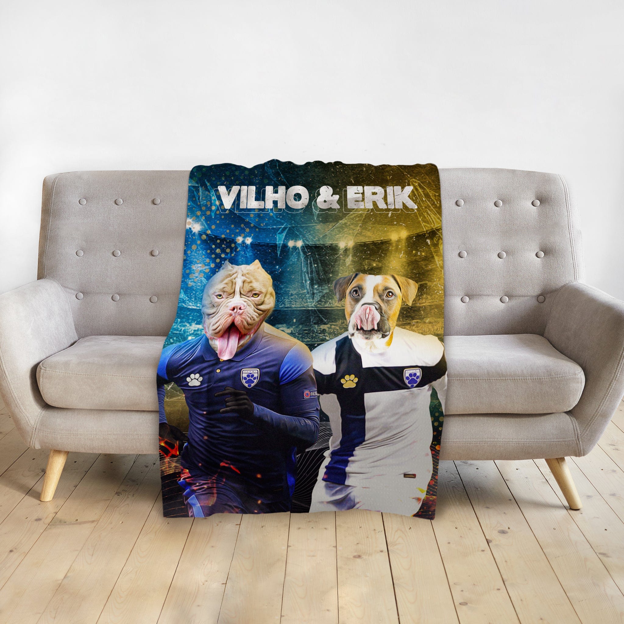 Personalized pet blanket with two dogs in soccer uniforms, "Vilho &amp; Erik" text.