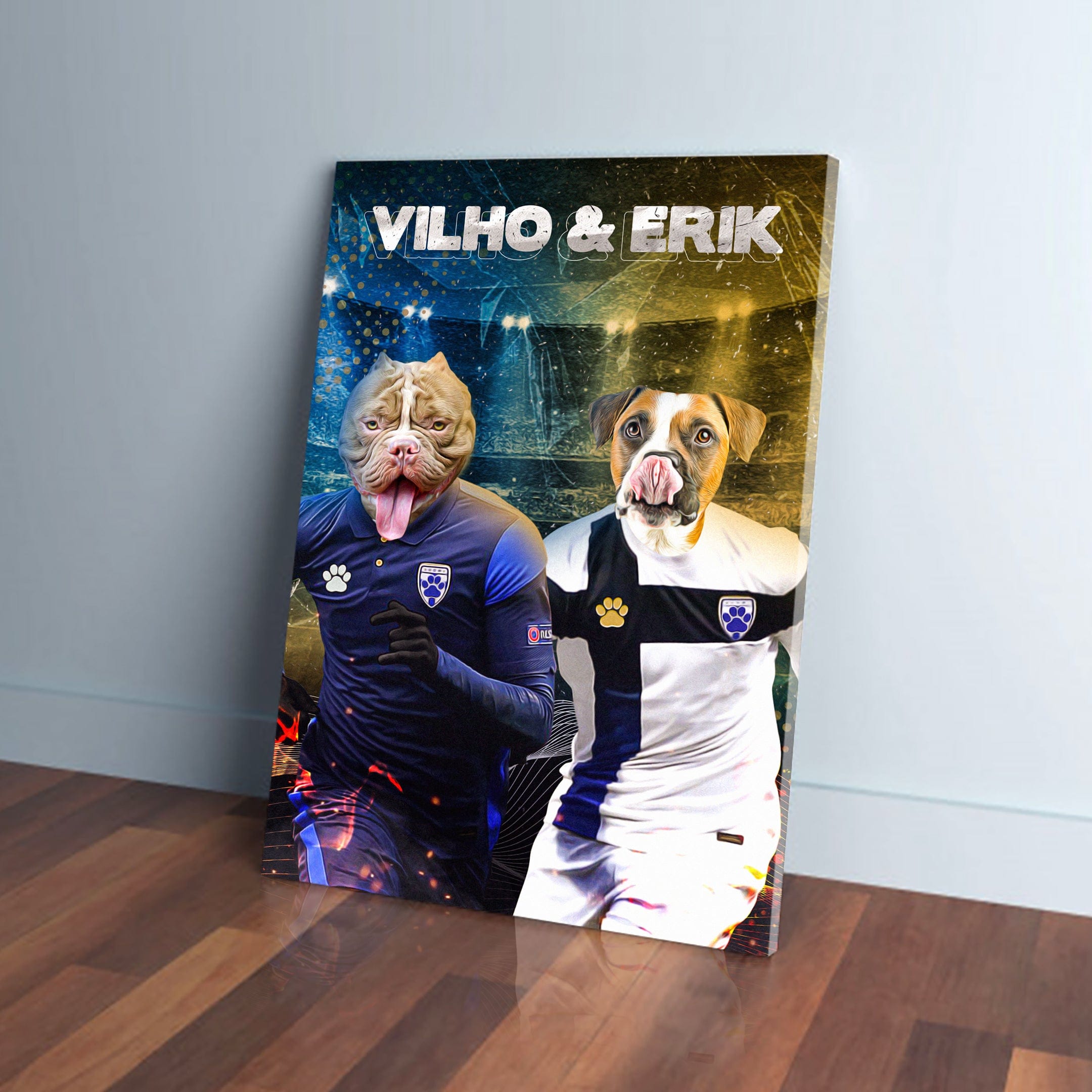 Personalized 'Finland Doggos' canvas featuring two pets as soccer players in blue and black/white jerseys.