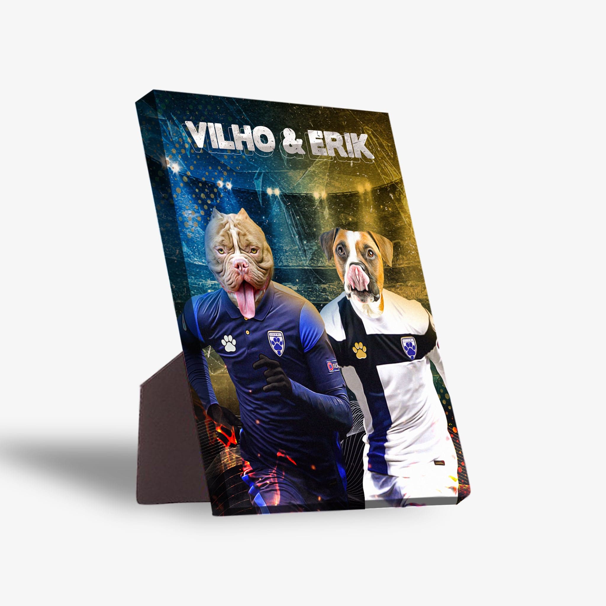 Personalized standing canvas featuring two dogs in soccer uniforms, "VILHO & ERIK" at the top.