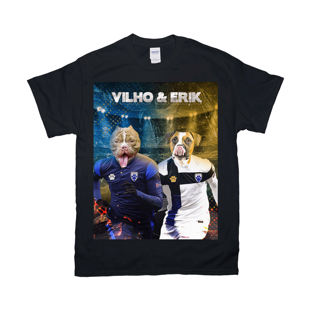 Black Gildan t-shirt featuring two dogs in soccer jerseys, "VILHO & ERIK" text, and a stadium background.