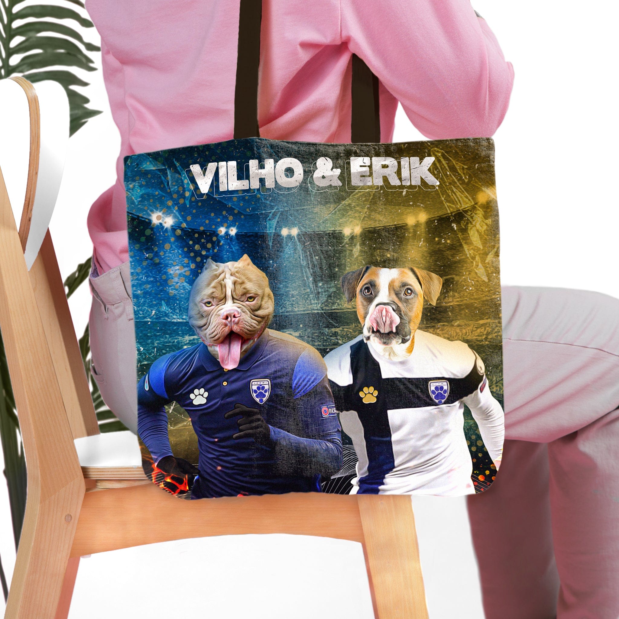 Personalized 2-pet dog portrait tote bag with "Vilho & Erik" on a soccer field background.