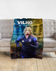 Personalized pet blanket with a pit bull's head on a soccer player's body, "VILHO" text, blue and yellow background.
