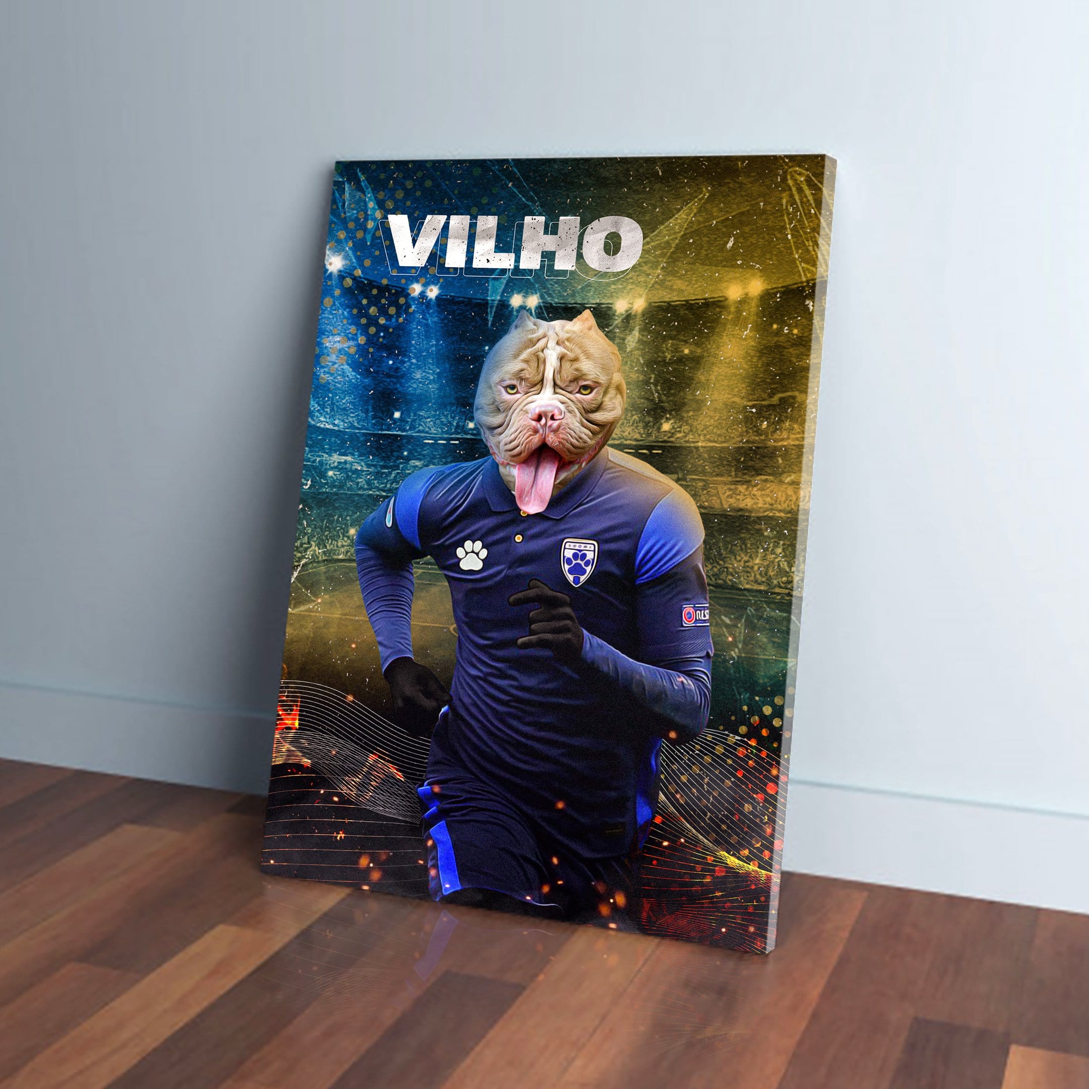 Personalized pet canvas featuring a bulldog's head on a soccer player in a blue uniform, running on a field.