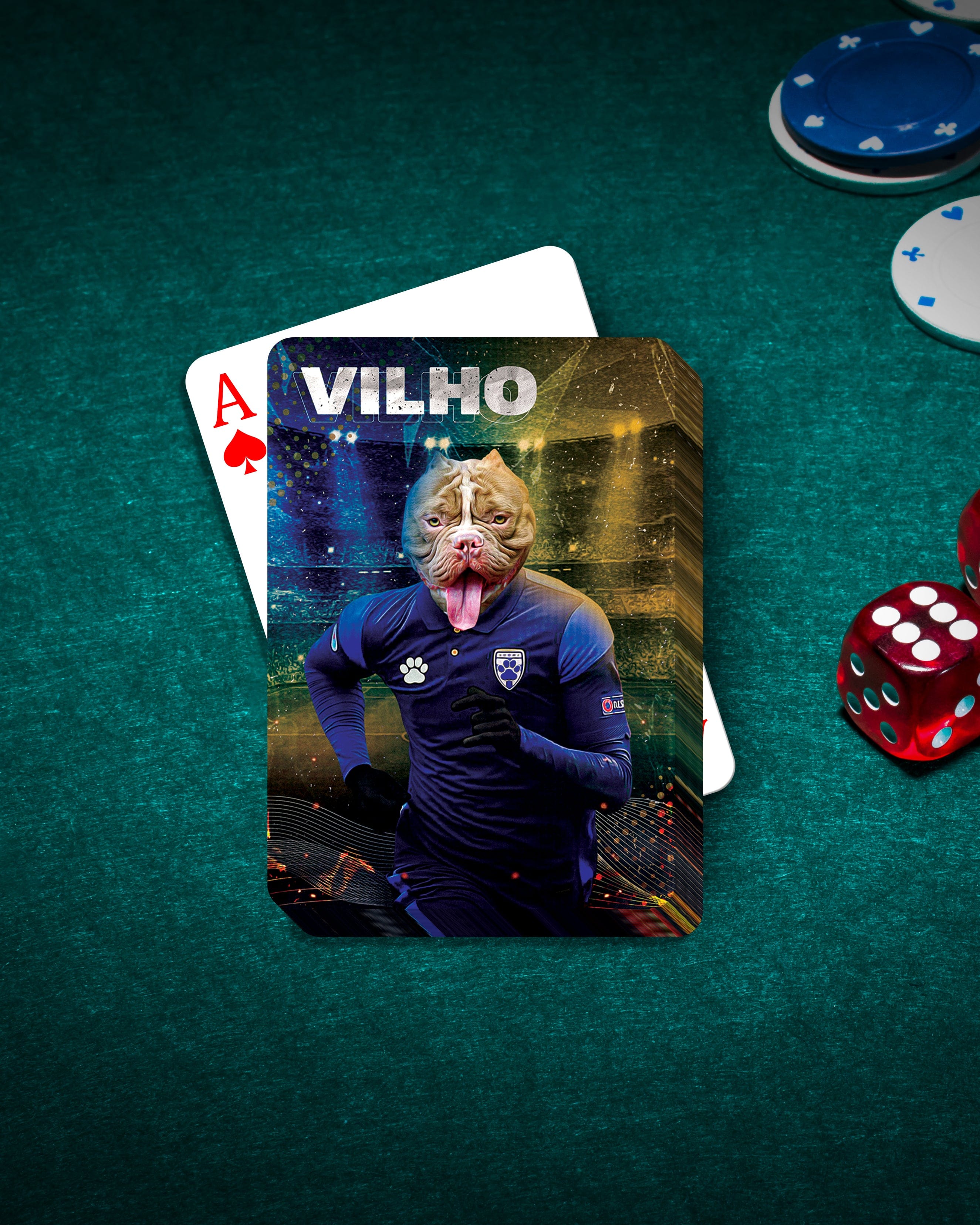 Personalized pet playing card featuring a dog in a soccer uniform with "VILHO" on a green table.