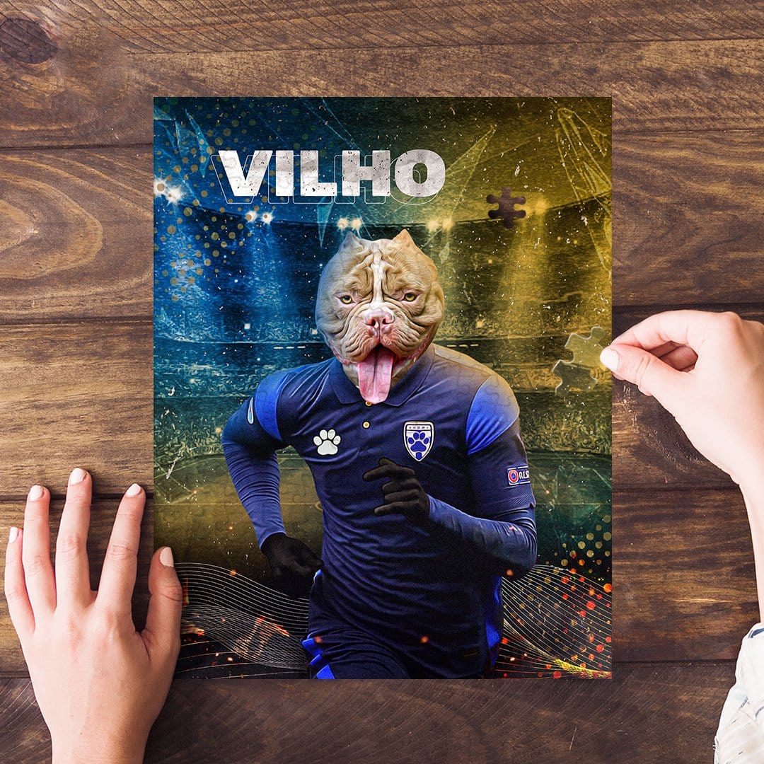 Personalized pet puzzle featuring a bulldog in a blue soccer uniform with "VILHO" text.