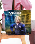 Personalized tote bag with a custom pet portrait of a dog in a blue soccer uniform.