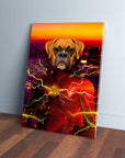 Personalized 'Flash Doggo' canvas featuring a boxer dog in a red superhero suit with lightning, against a city sunset.